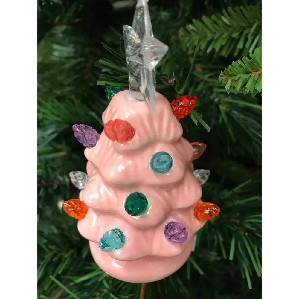Pink Christmas Tree LED Light Up Ornament‎ -Clear Star Topper Nostalgic